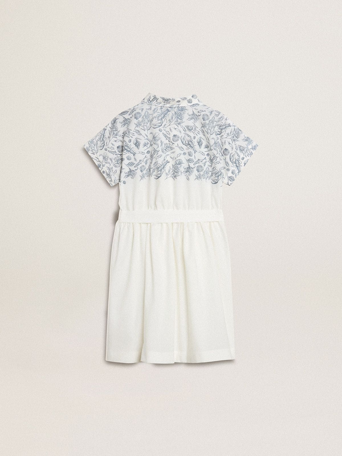 Golden Goose Girls’ shirt dress in white cotton canvas with a blue nautical print and white piping