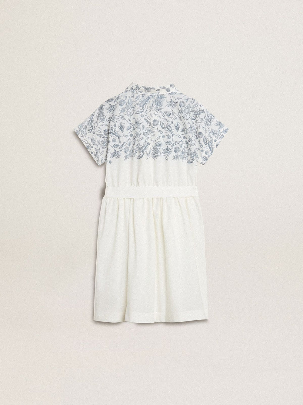 Golden Goose Girls’ shirt dress in white cotton canvas with a blue nautical print and white piping