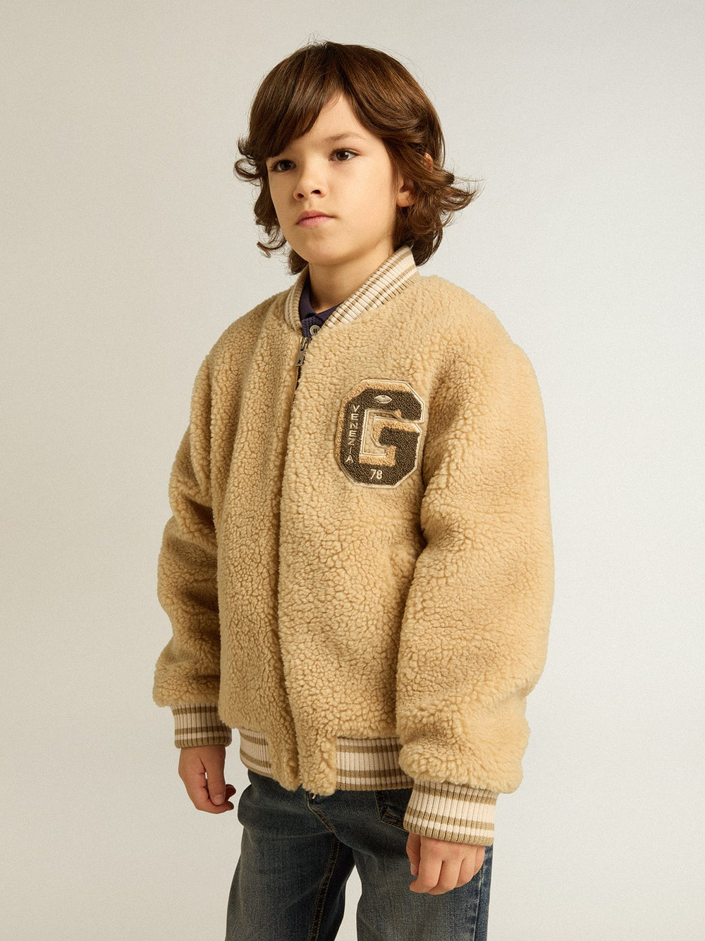 Golden Goose Kids beige fleece bomber jacket
