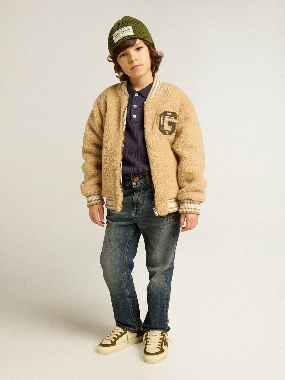 Golden Goose Kids beige fleece bomber jacket