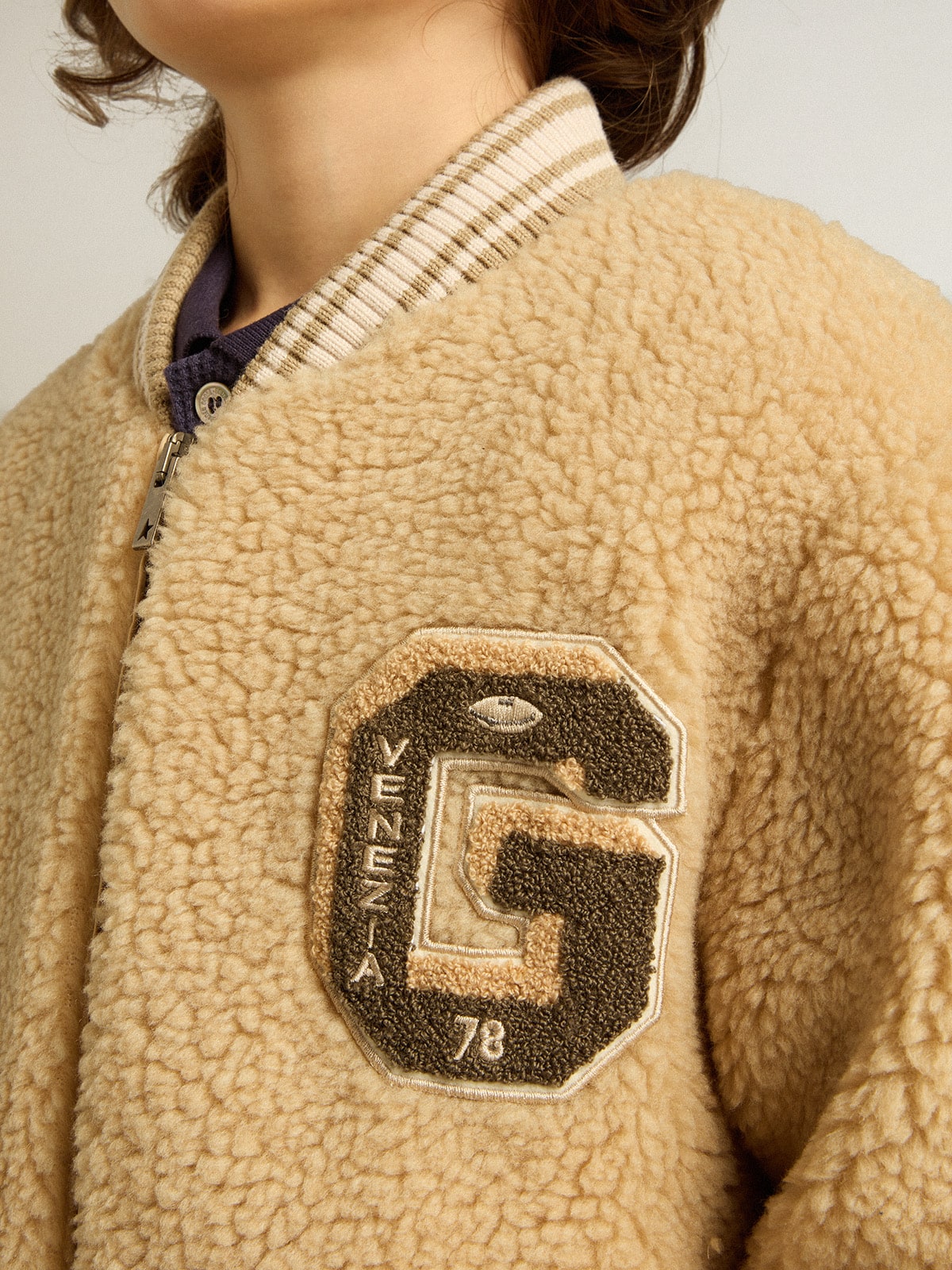 Golden Goose Kids beige fleece bomber jacket