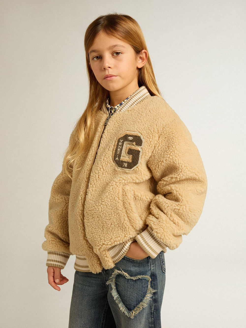 Golden Goose Kids beige fleece bomber jacket