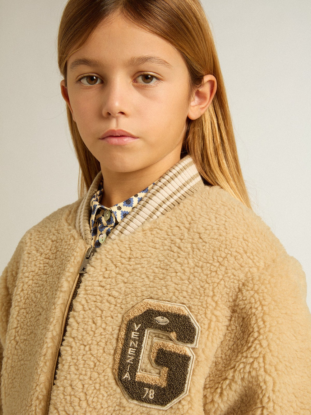 Golden Goose Kids beige fleece bomber jacket