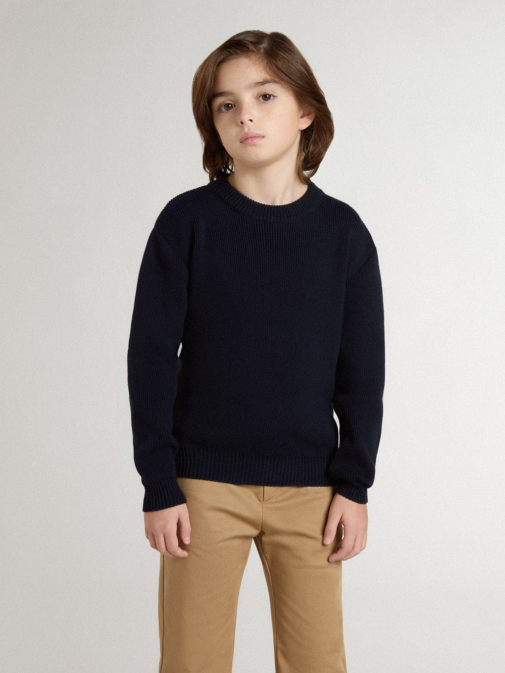 Golden Goose Boys’ blue crew-neck sweater with 'Golden' lettering on the back