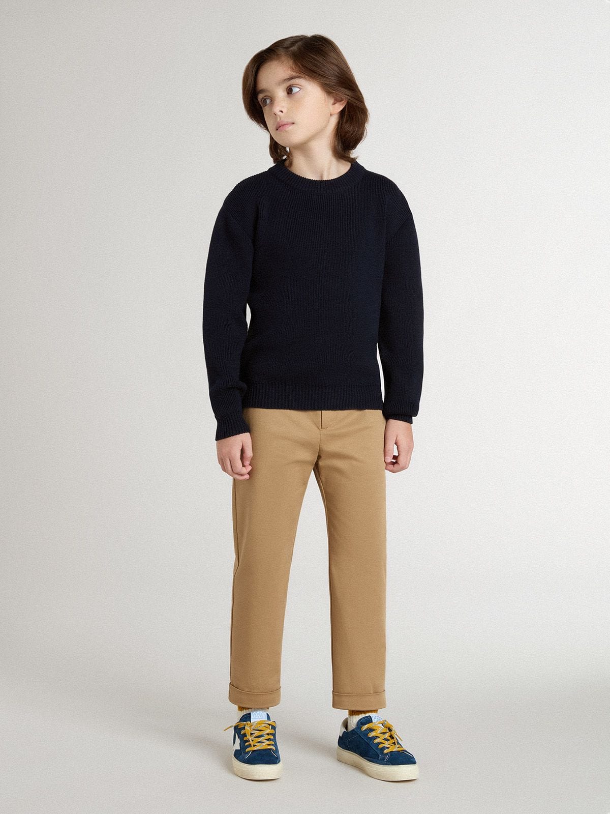 Golden Goose Boys’ blue crew-neck sweater with 'Golden' lettering on the back