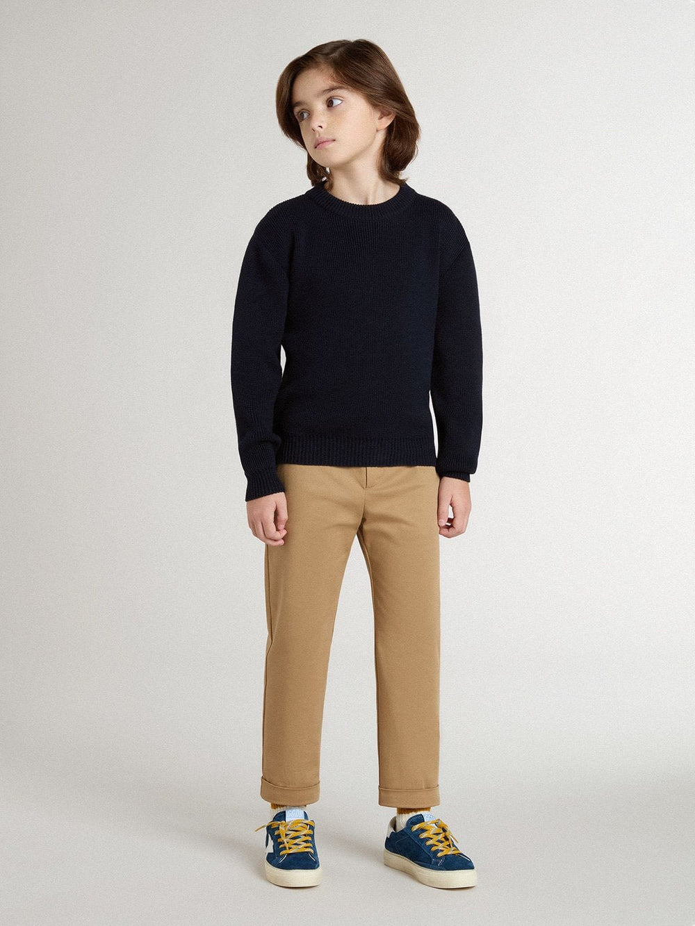 Golden Goose Boys’ blue crew-neck sweater with 'Golden' lettering on the back