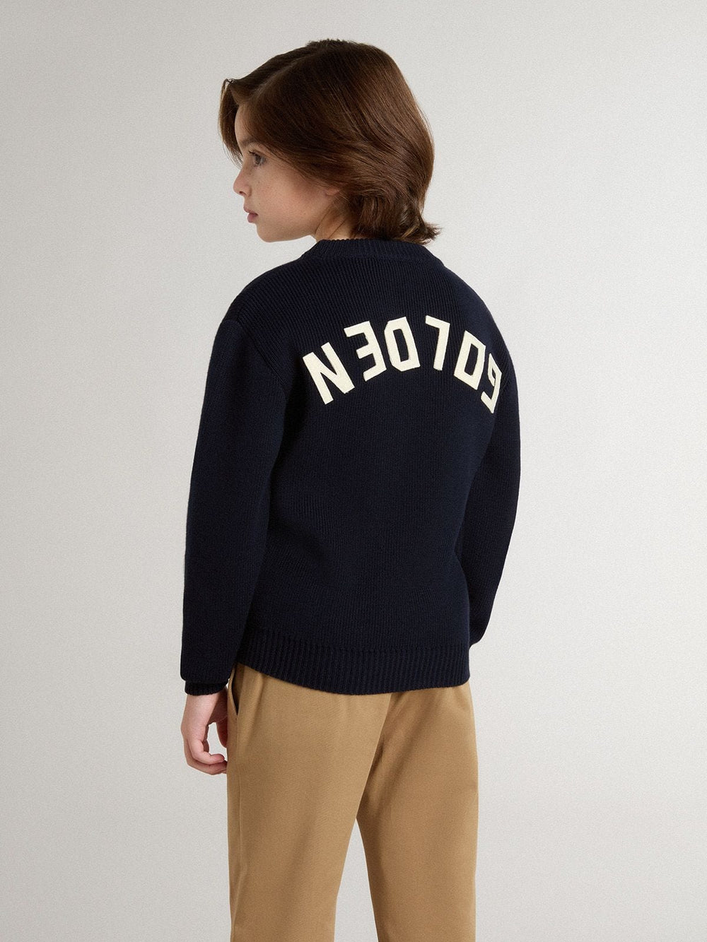 Golden Goose Boys’ blue crew-neck sweater with 'Golden' lettering on the back