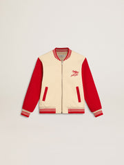 Golden Goose Kids' bomber jacket in beige and red cotton with embroidery on the chest