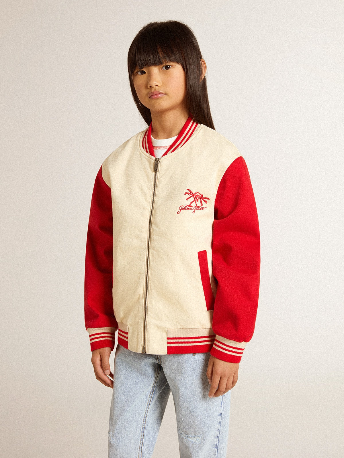 Golden Goose Kids' bomber jacket in beige and red cotton with embroidery on the chest