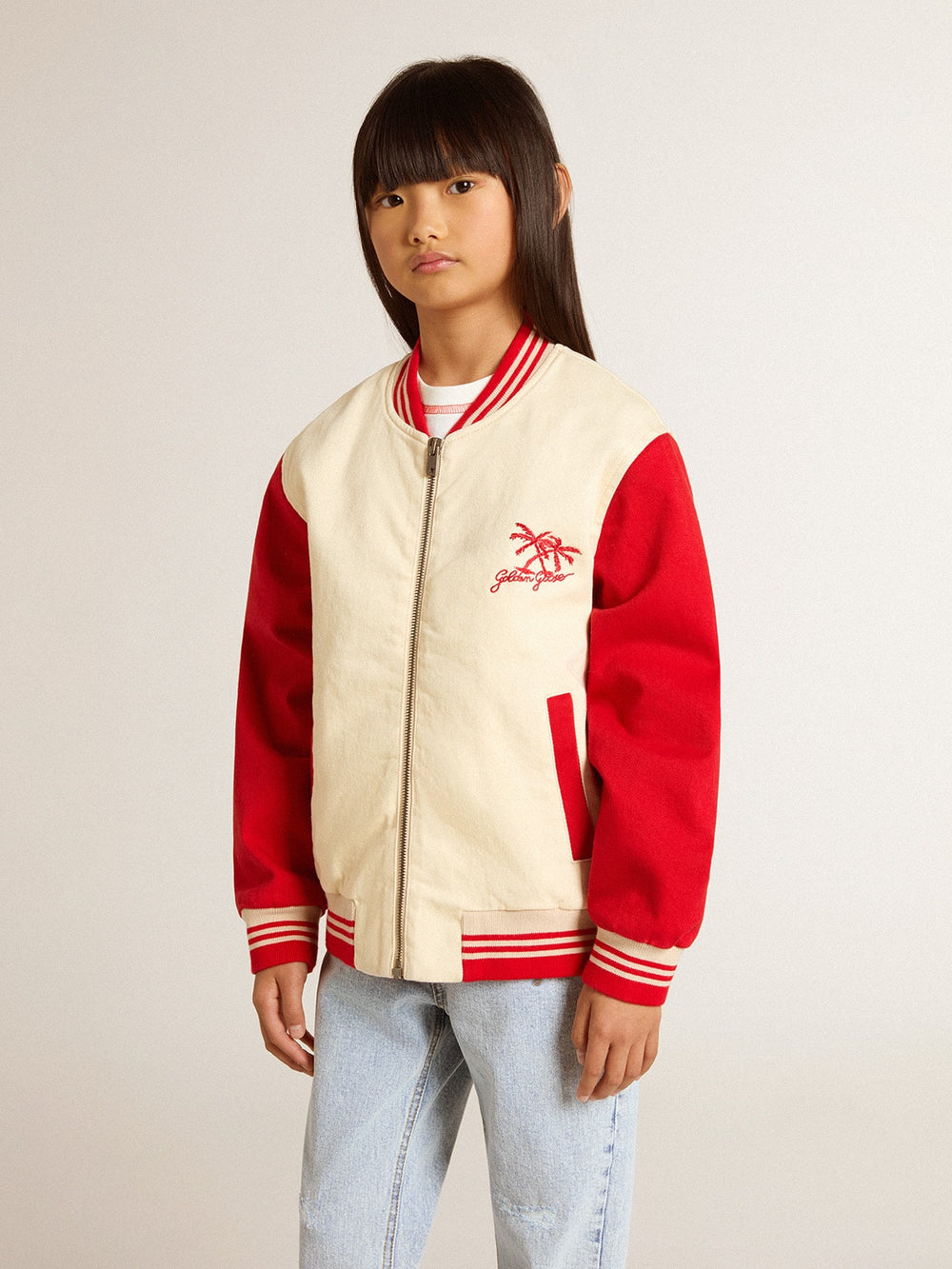 Golden Goose Kids' bomber jacket in beige and red cotton with embroidery on the chest