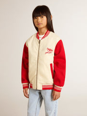 Golden Goose Kids' bomber jacket in beige and red cotton with embroidery on the chest