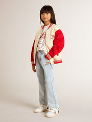 Golden Goose Kids' bomber jacket in beige and red cotton with embroidery on the chest