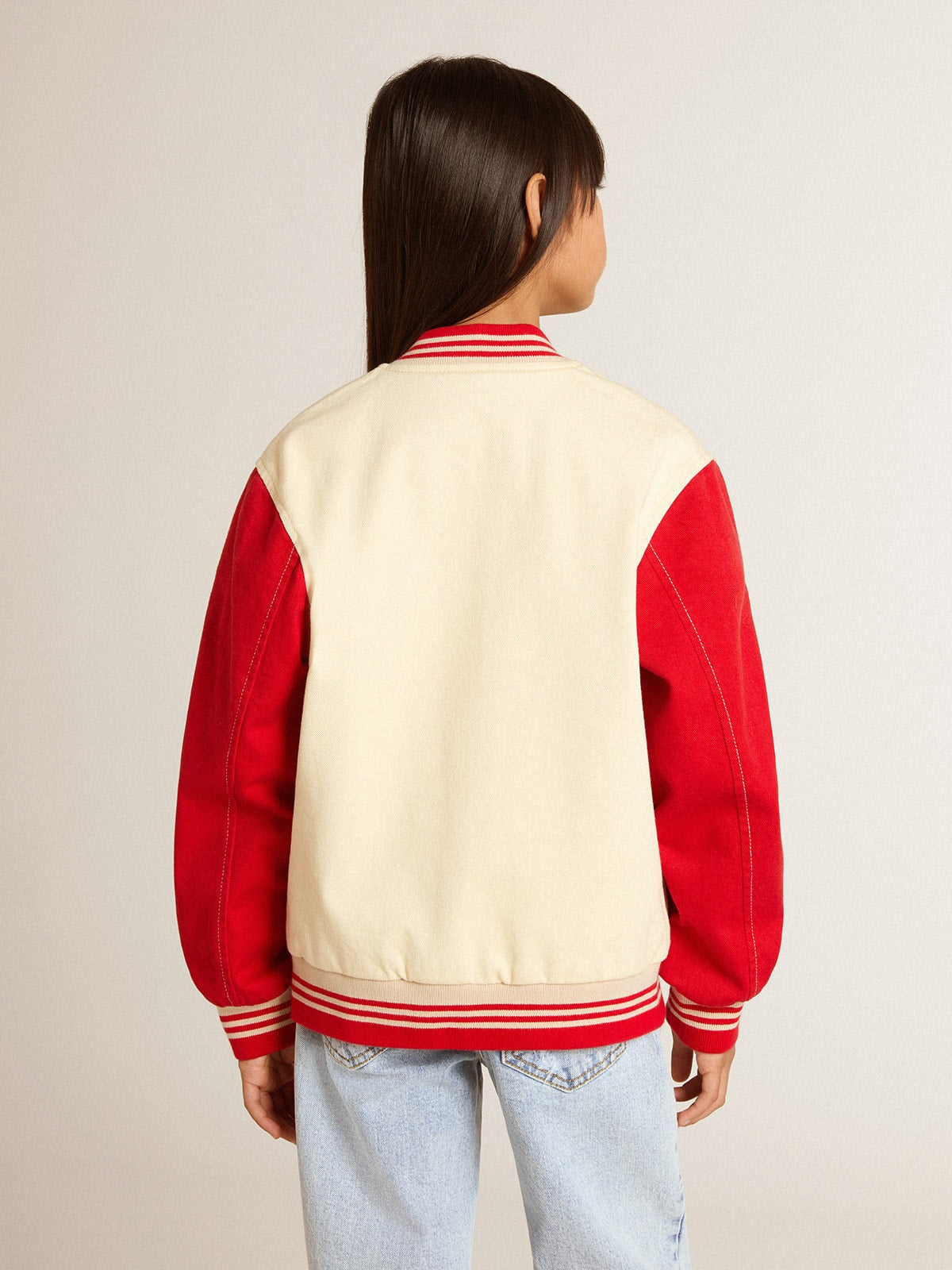 Golden Goose Kids' bomber jacket in beige and red cotton with embroidery on the chest