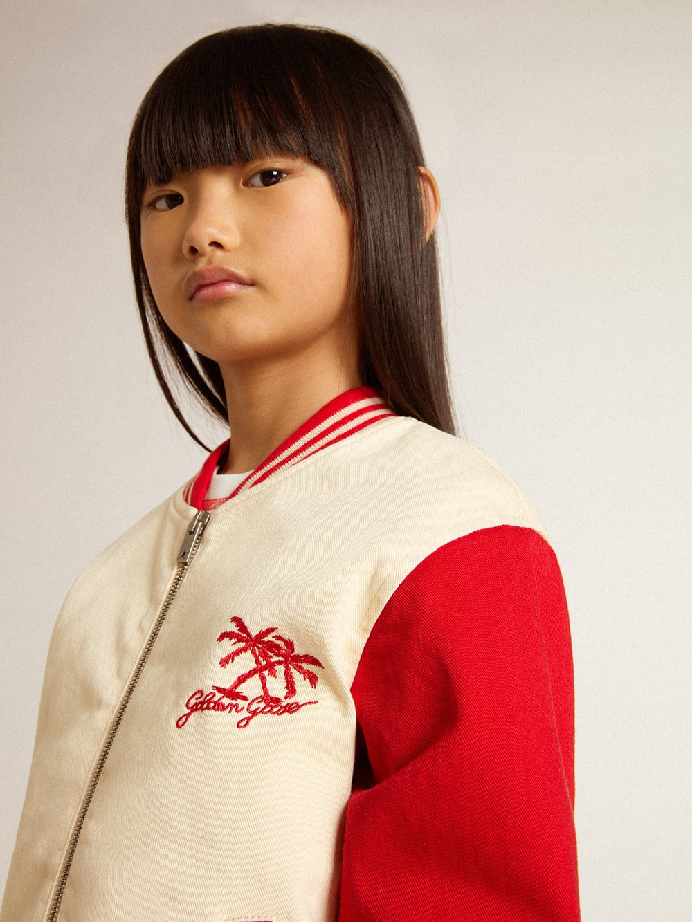 Golden Goose Kids' bomber jacket in beige and red cotton with embroidery on the chest