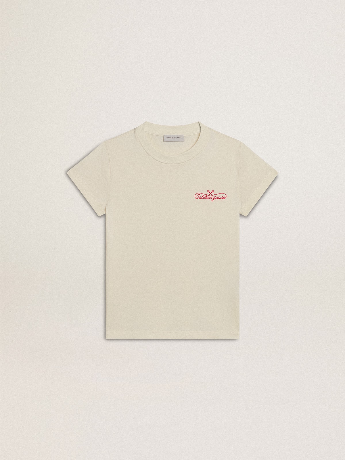 Golden Goose Girls' cotton T-shirt in worn white with red embroidery on the chest