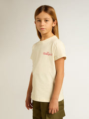 Golden Goose Girls' cotton T-shirt in worn white with red embroidery on the chest