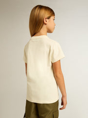 Golden Goose Girls' cotton T-shirt in worn white with red embroidery on the chest