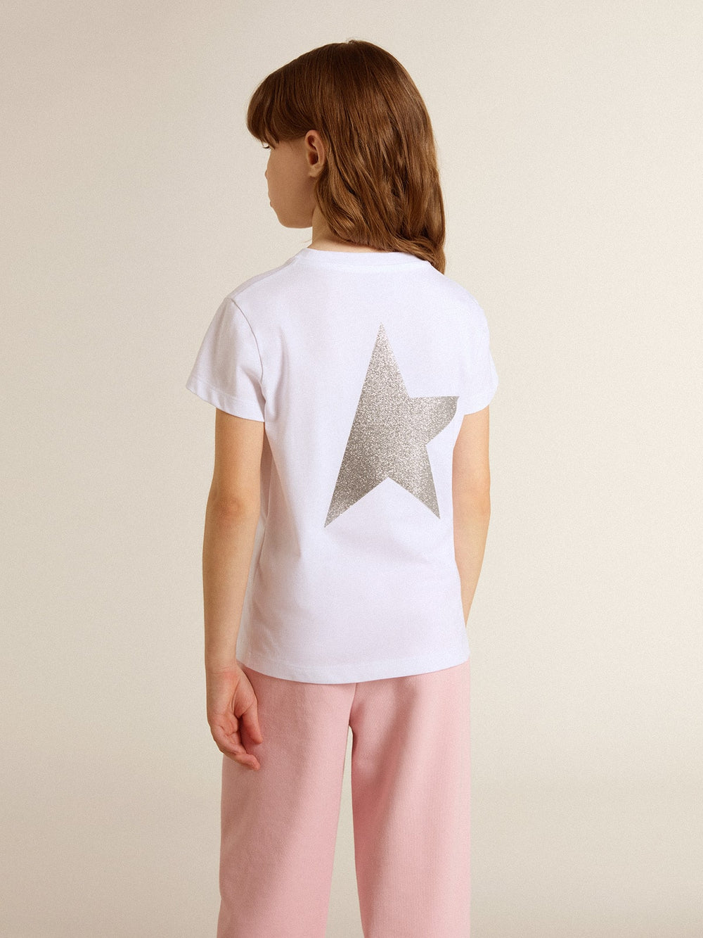 Golden Goose White and silver T-shirt with logo and maxi star in silver glitter