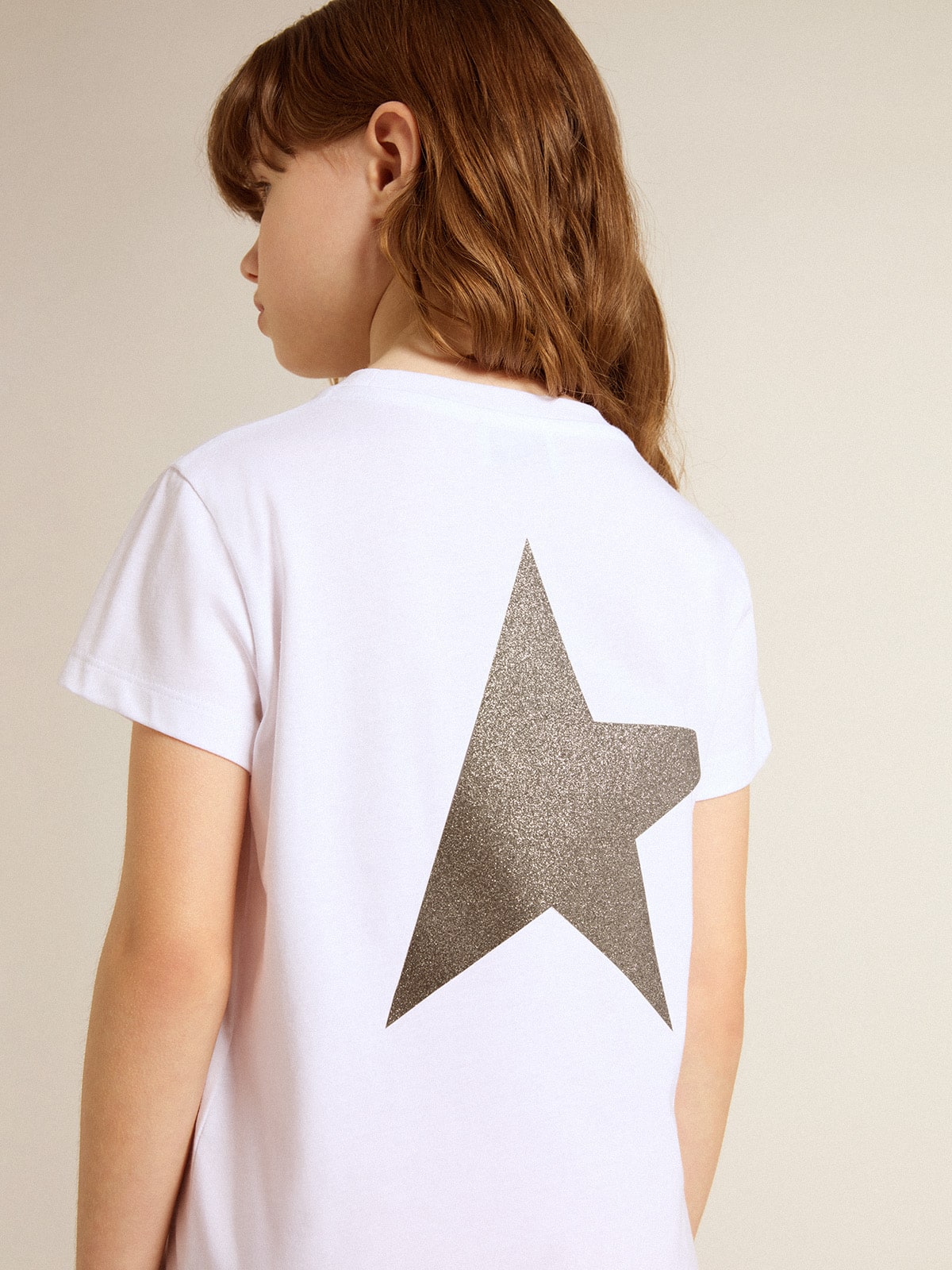 Golden Goose White and silver T-shirt with logo and maxi star in silver glitter