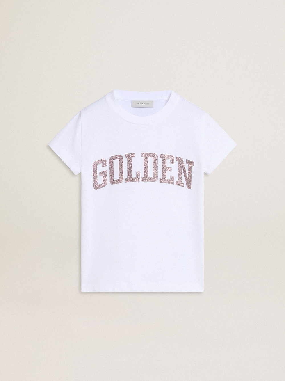 Golden Goose Girls' white T-shirt with pink glitter Golden lettering