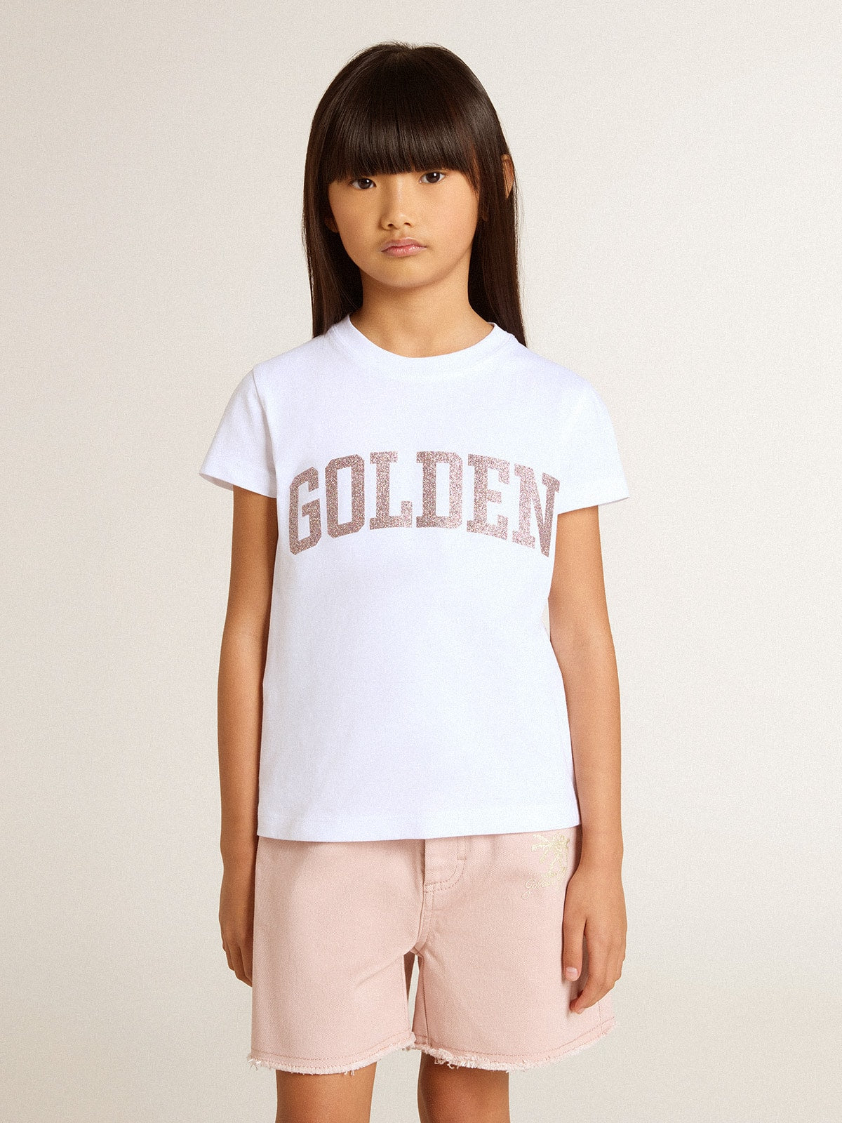 Golden Goose Girls' white T-shirt with pink glitter Golden lettering