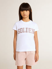 Golden Goose Girls' white T-shirt with pink glitter Golden lettering