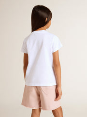 Golden Goose Girls' white T-shirt with pink glitter Golden lettering
