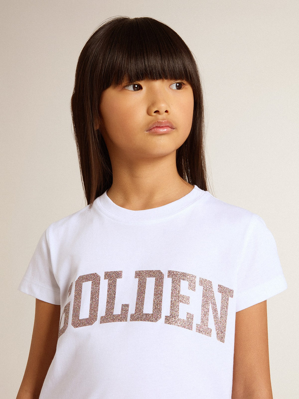Golden Goose Girls' white T-shirt with pink glitter Golden lettering