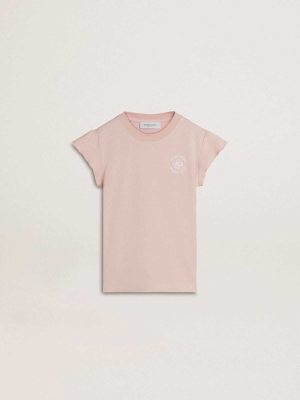 Golden Goose Girls' pink T-shirt with ruffled sleeves and embroidery