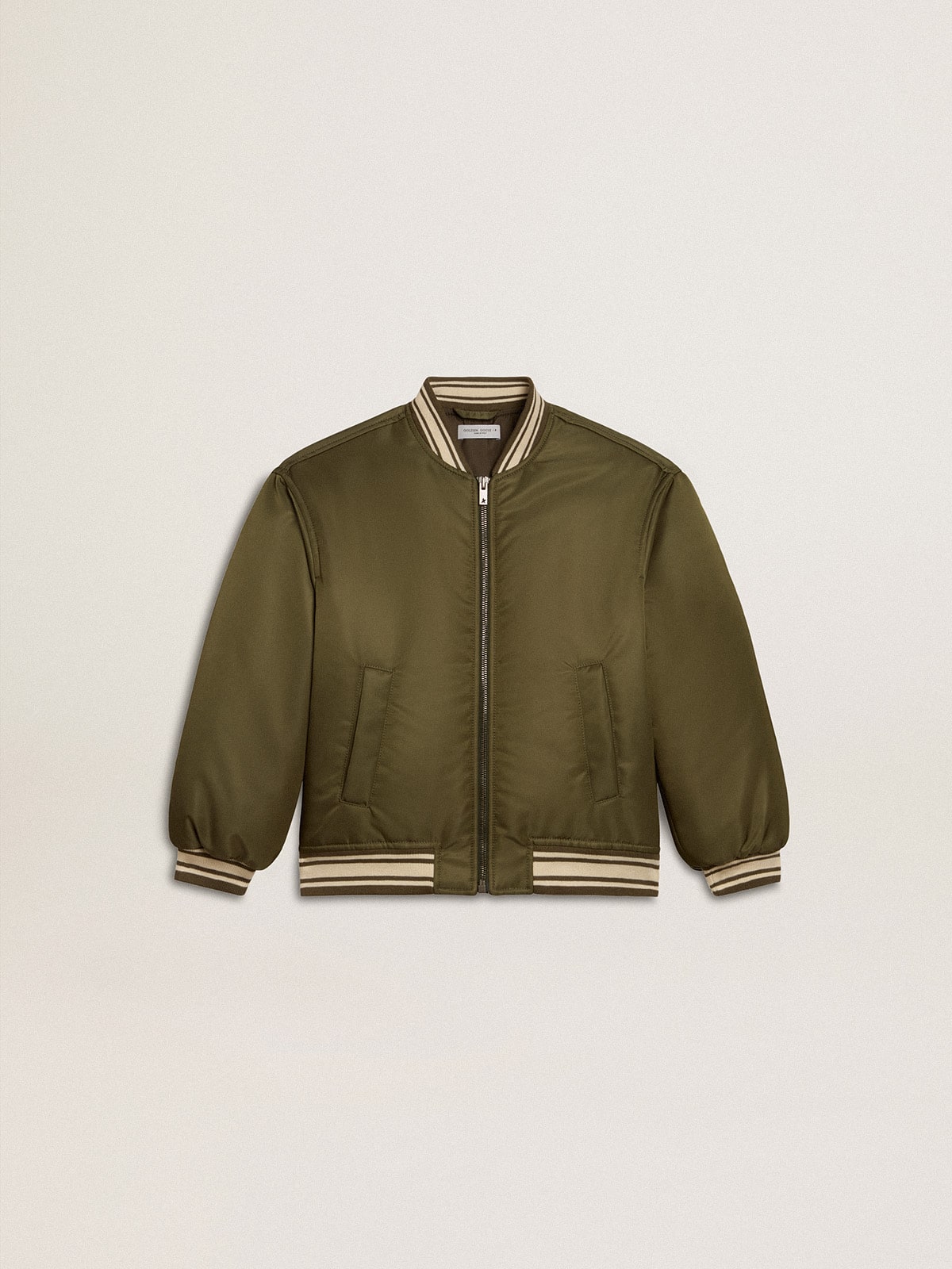 Golden Goose Kids military-green nylon bomber jacket with lettering on the back