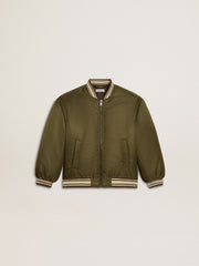 Golden Goose Kids military-green nylon bomber jacket with lettering on the back