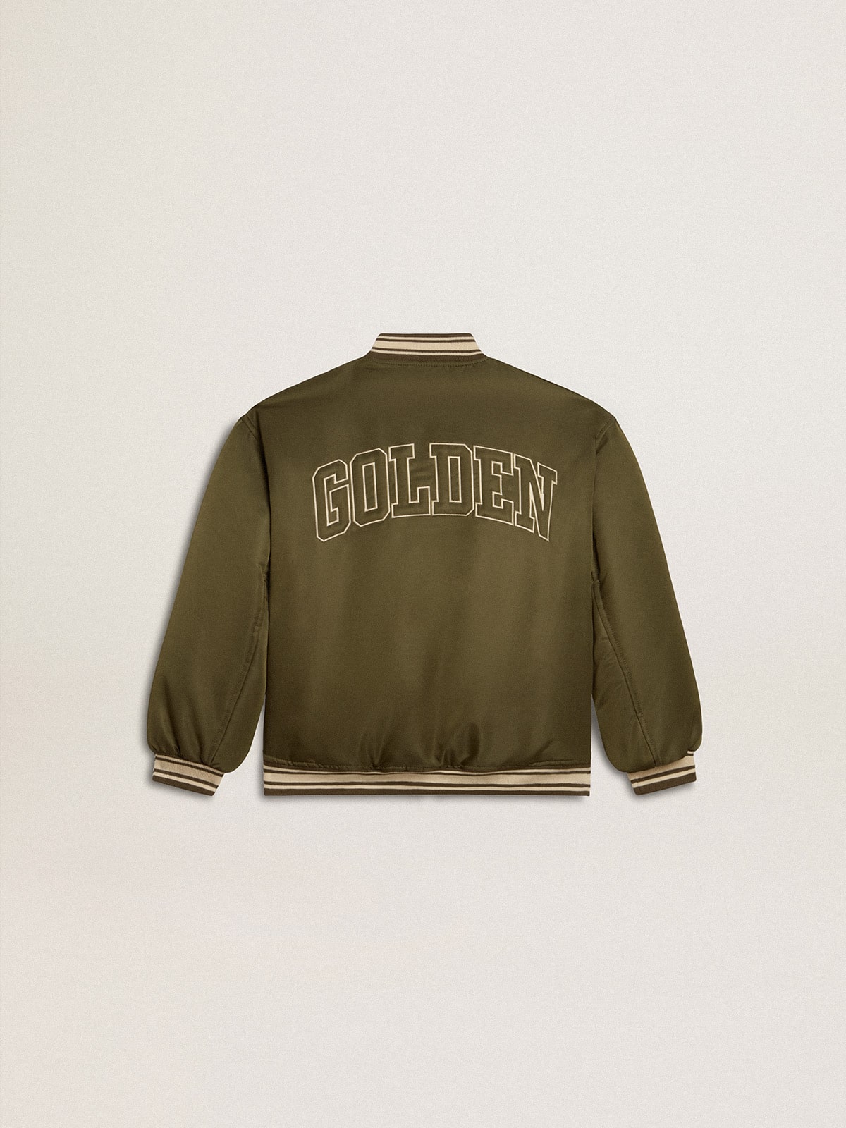 Golden Goose Kids military-green nylon bomber jacket with lettering on the back