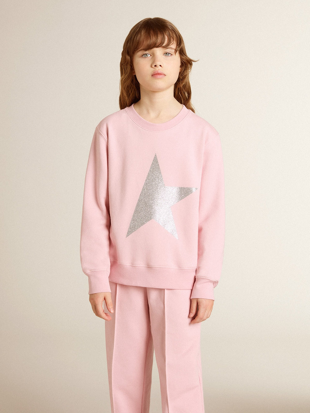 Golden Goose Pink sweatshirt with maxi star in silver glitter on the front