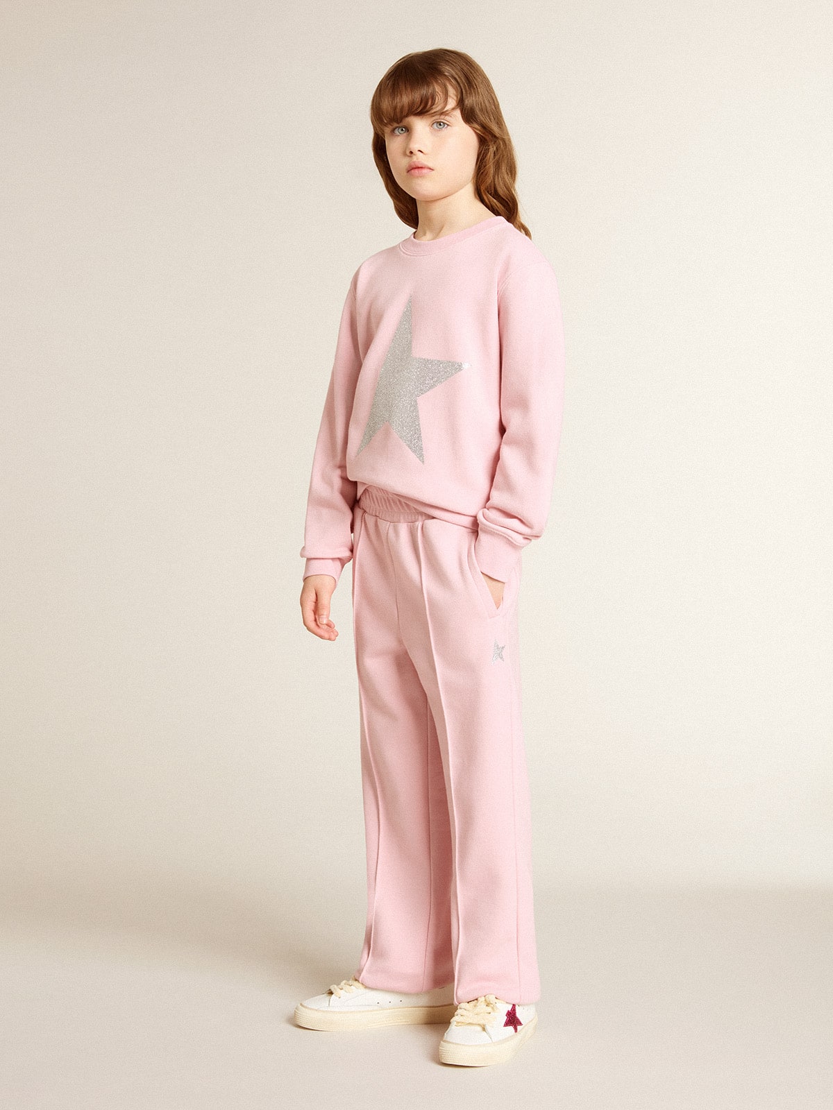 Golden Goose Pink sweatshirt with maxi star in silver glitter on the front