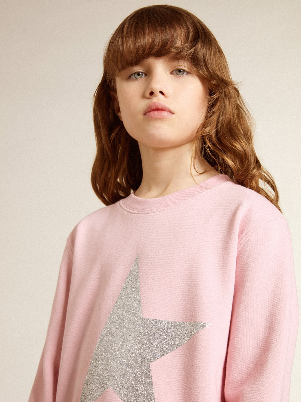 Golden Goose Pink sweatshirt with maxi star in silver glitter on the front