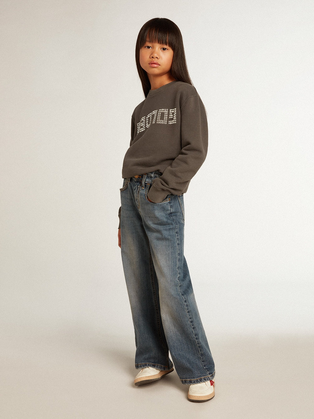 Golden Goose Distressed gray sweatshirt with crystal lettering