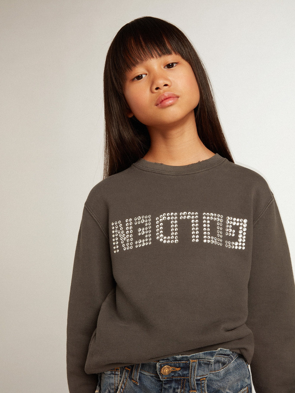 Golden Goose Distressed gray sweatshirt with crystal lettering