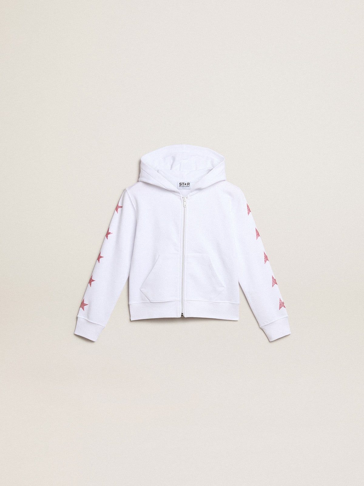 Golden Goose Girls’ zip-up sweatshirt in white with glitter stars on the sleeves