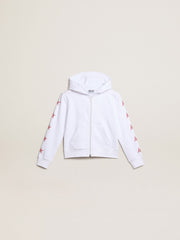 Golden Goose Girls’ zip-up sweatshirt in white with glitter stars on the sleeves