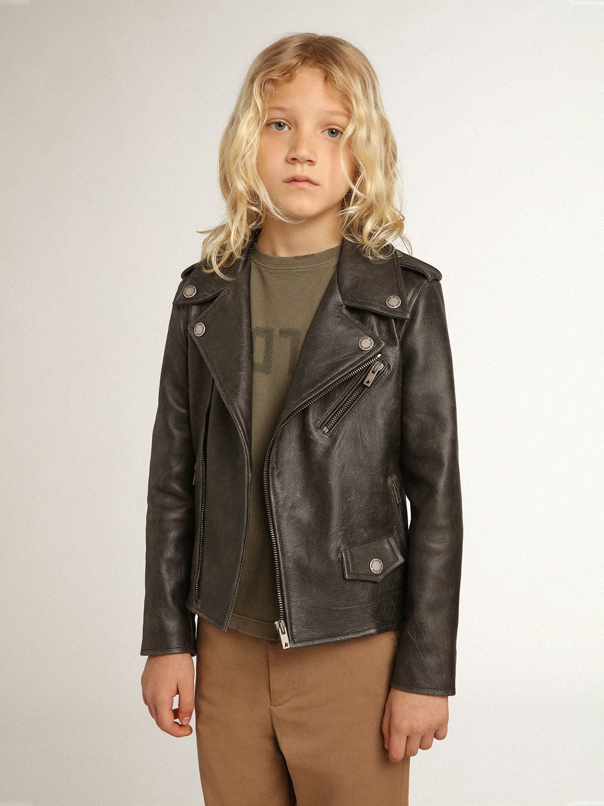 Golden Goose Boys’ biker jacket in distressed leather