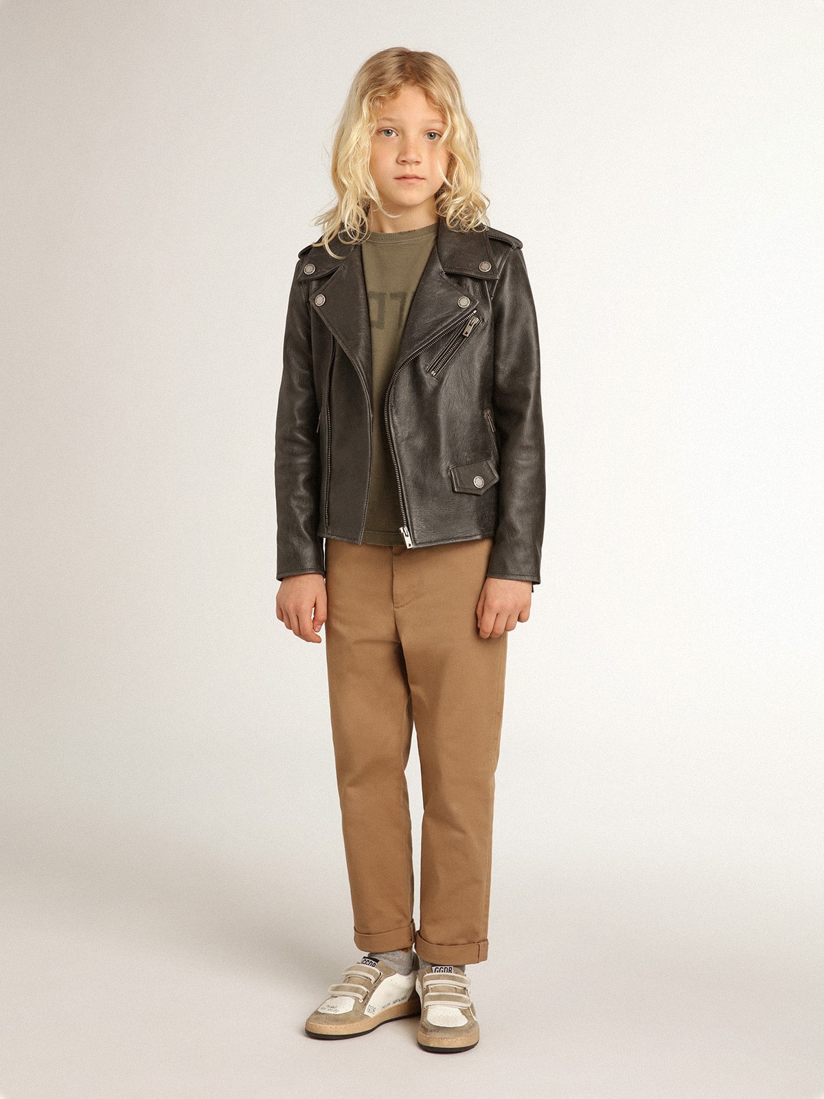 Golden Goose Boys’ biker jacket in distressed leather