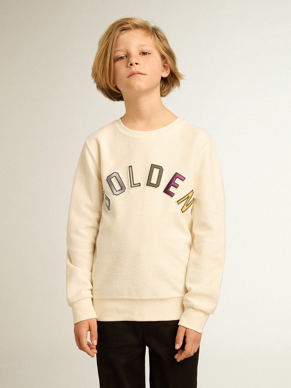 Golden Goose Sweatshirt in aged white with multicolor Golden lettering on the front