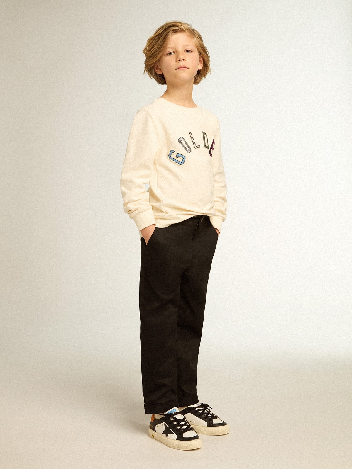Golden Goose Sweatshirt in aged white with multicolor Golden lettering on the front