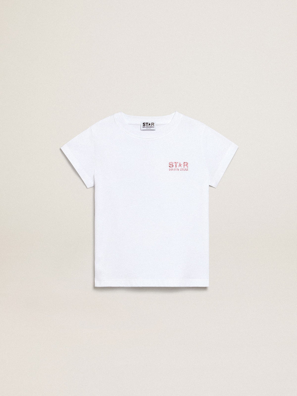Golden Goose Girls’ white T-shirt with pink glitter logo and maxi star