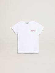 Golden Goose Girls’ white T-shirt with pink glitter logo and maxi star