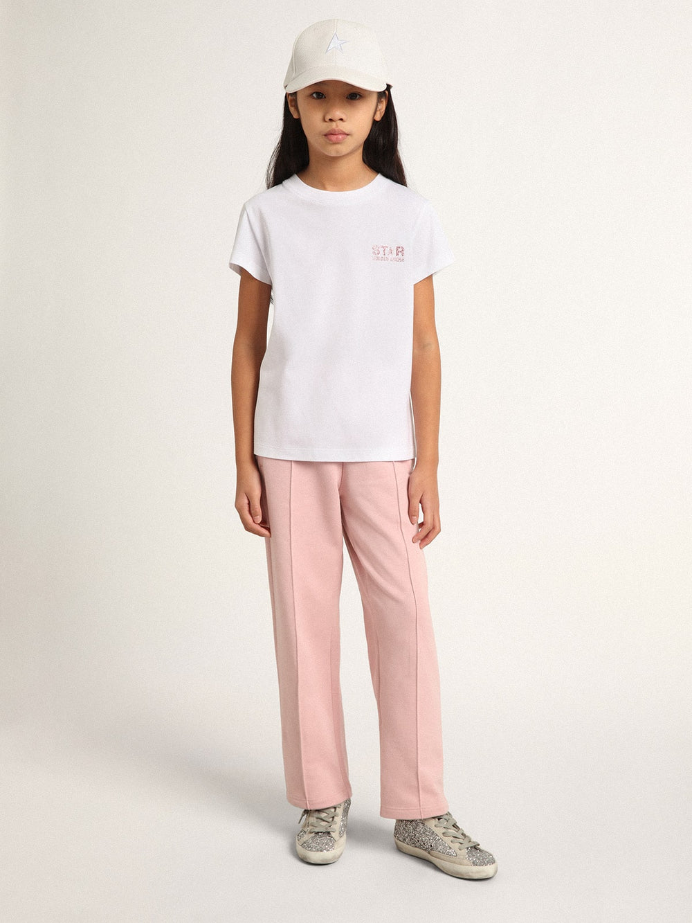 Golden Goose Girls’ white T-shirt with pink glitter logo and maxi star