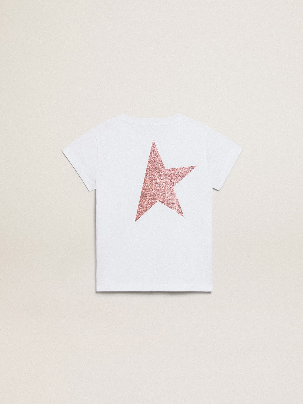 Golden Goose Girls’ white T-shirt with pink glitter logo and maxi star