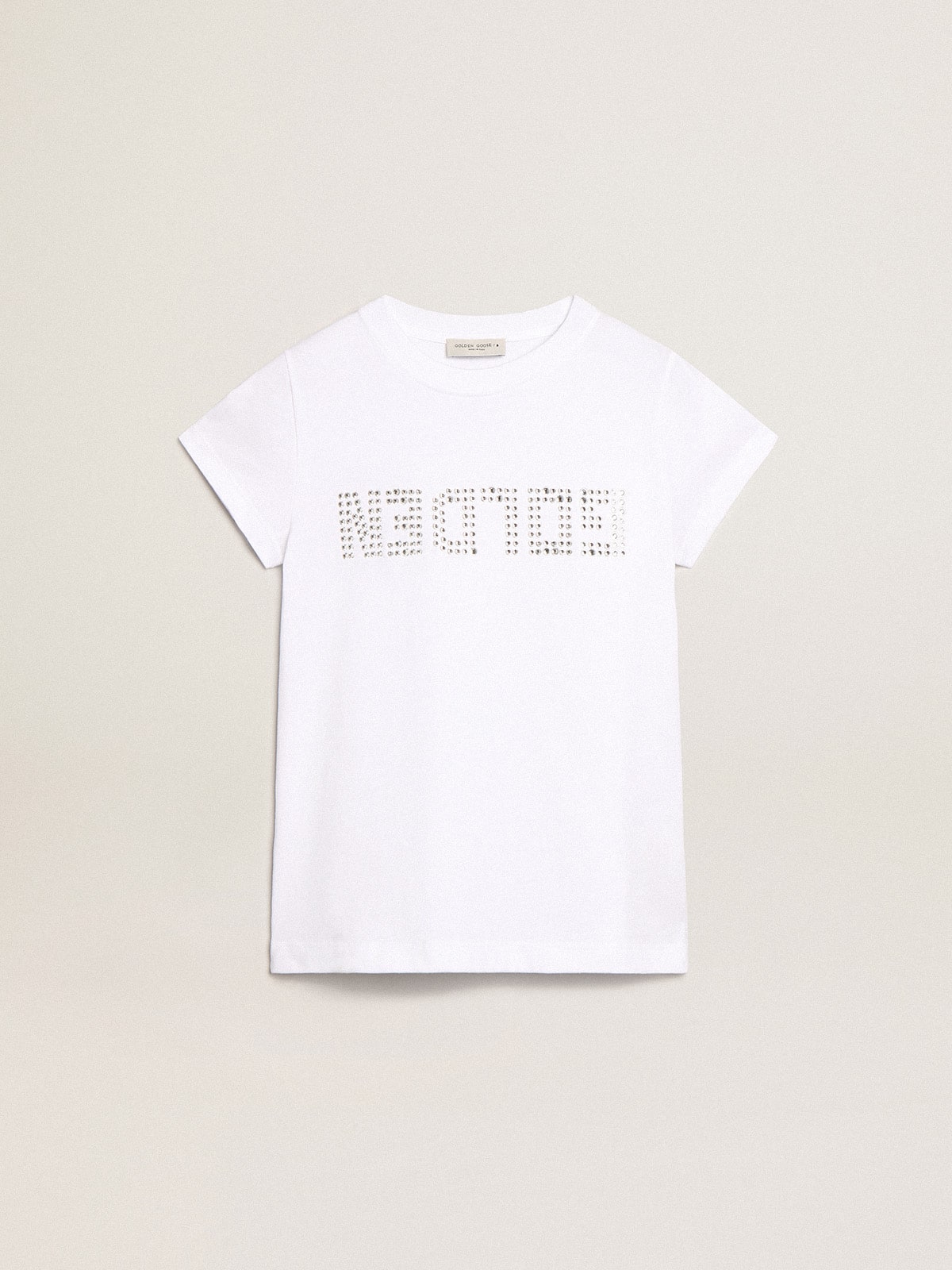 Golden Goose White T-shirt with central Golden lettering in crystals