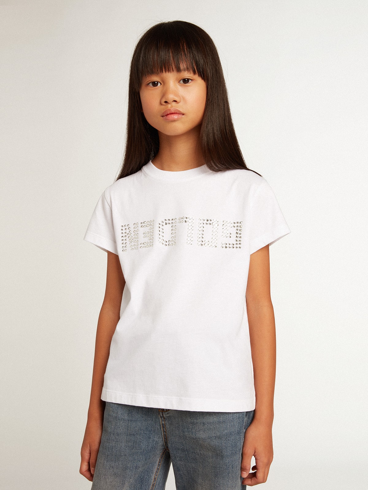 Golden Goose White T-shirt with central Golden lettering in crystals