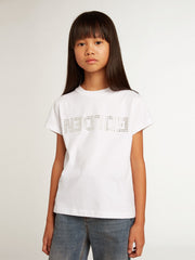 Golden Goose White T-shirt with central Golden lettering in crystals